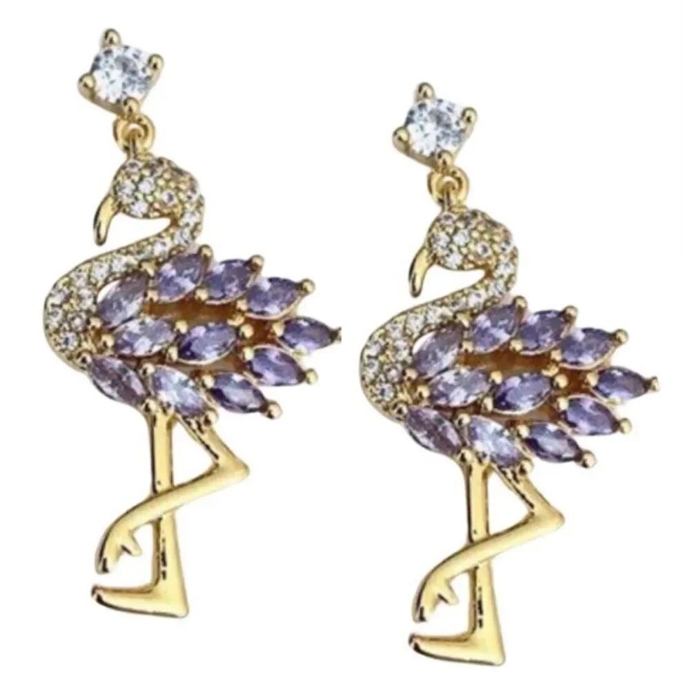 Kate Spade Flamingo Amethyst Pave Crystal Gold Boho Dangle Earrings New
